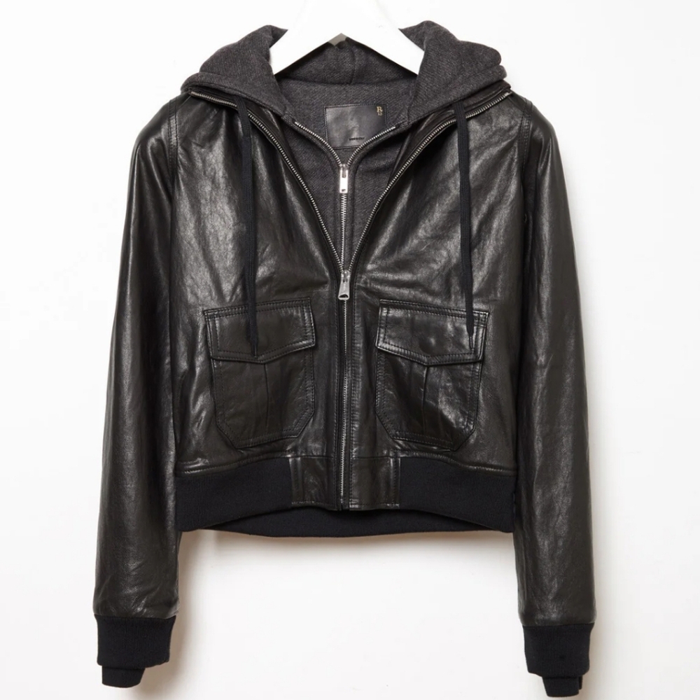 R13 Hooded leather flight jacket, black, size M (S)